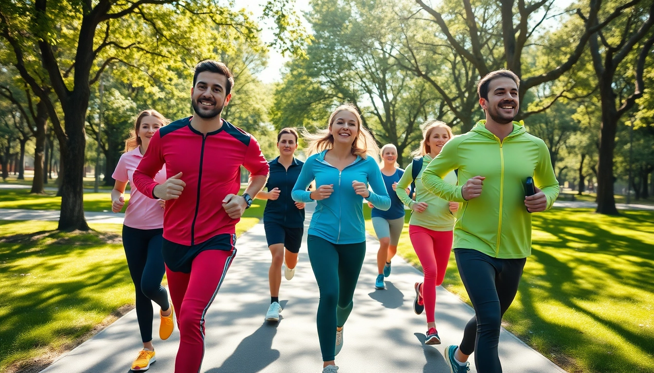 Jogging stoffen in gebruik door joggers in een park setting, diverse stijlen en kleuren.