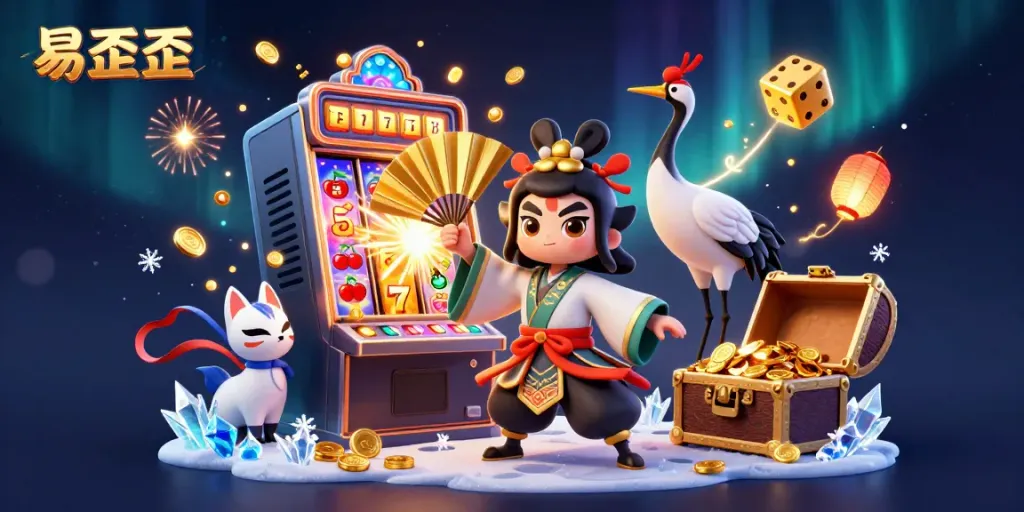Experience the excitement of 易歪歪 with vibrant 3D illustrations of casino elements and characters.