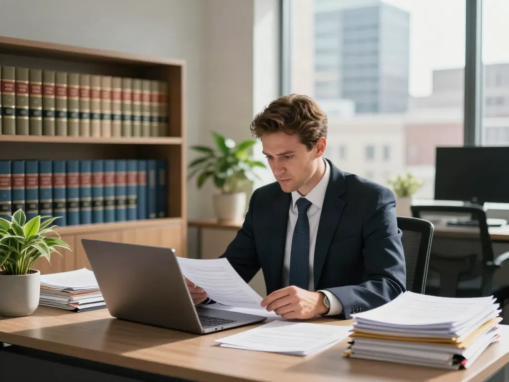 Attorney from Lead Roedl focused on legal documents in a modern office environment.