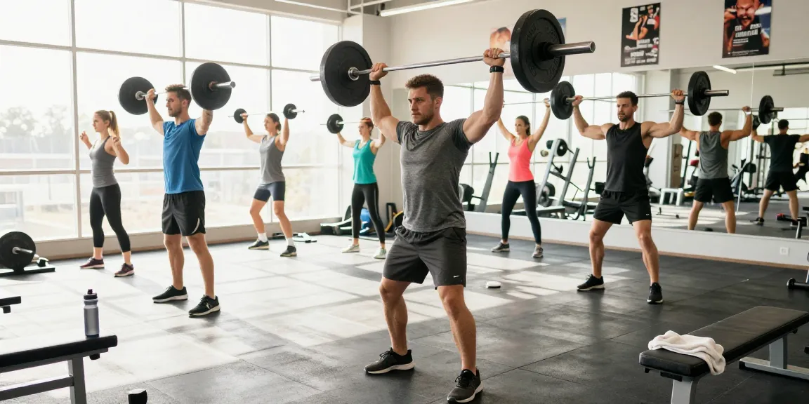 Workout scene at pharmaqo shop showcasing fitness enthusiasts lifting weights in a bright gym.