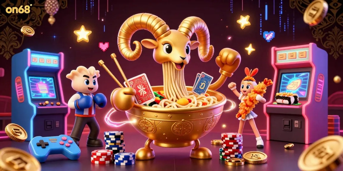 Engage with on68’s vibrant gambling scene featuring a golden ramen bowl dealer, colorful game elements, and animated characters.