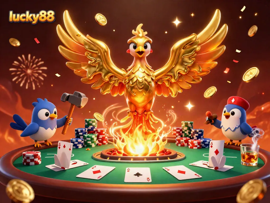 Experience fun gaming moments with lucky88 at a vibrant casino scene featuring a dazzling phoenix and poker elements.