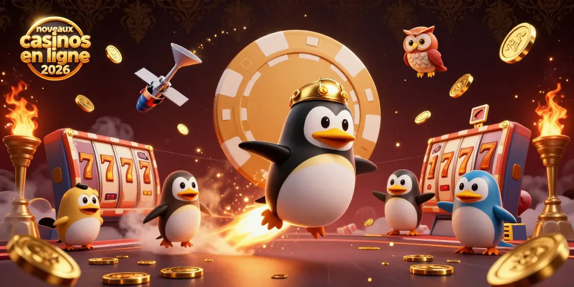 Image illustrant les nouveaux casinos en ligne 2026, avec un pingouin doré dans l'espace.