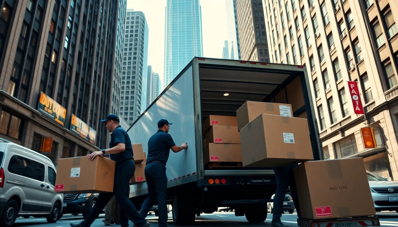 Moving companies in New York City efficiently transporting boxes on a busy street.