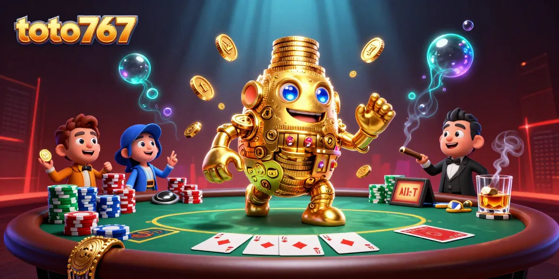 Menangkan jackpot di toto767 dengan ilustrasi 3D golem emas dan elemen kasino yang menarik.