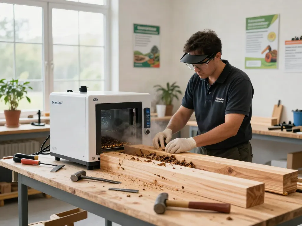 Shashel® microwave equipment in action for eliminating wood-boring insects in a workshop setting.